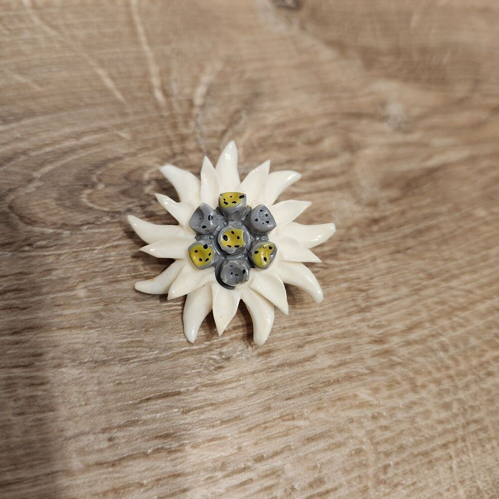 Vintage Edlewiess Hand Carved Flower Celluloid Pin Brooch Painted West Germany